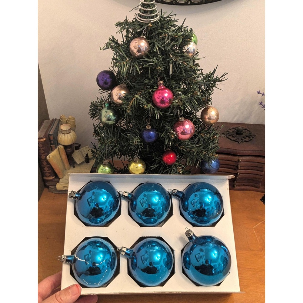 Vintage Blue Glass Christmas Ornaments Set of 6, Retro Holiday Decor